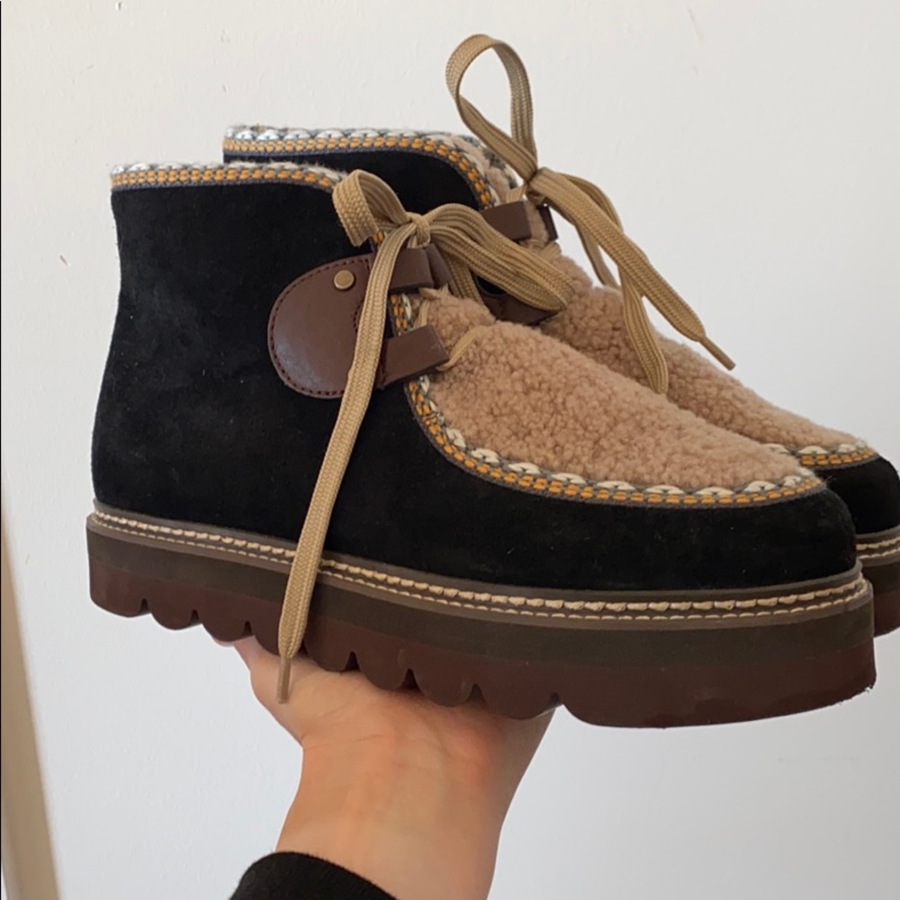 See By Chloe Black Suede & Tan Shearling Lace-Up Ankle Boots
